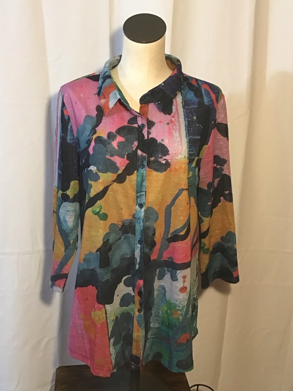 Abstract Floral Watercolor Button-Down Tunic Shirt - Multicolor